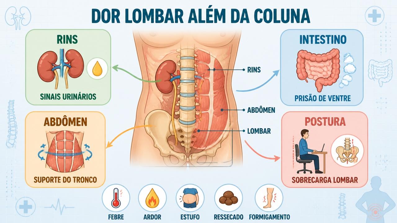 Infográfico mostra quatro fatores que ajudam a diferenciar causas da dor lombar.