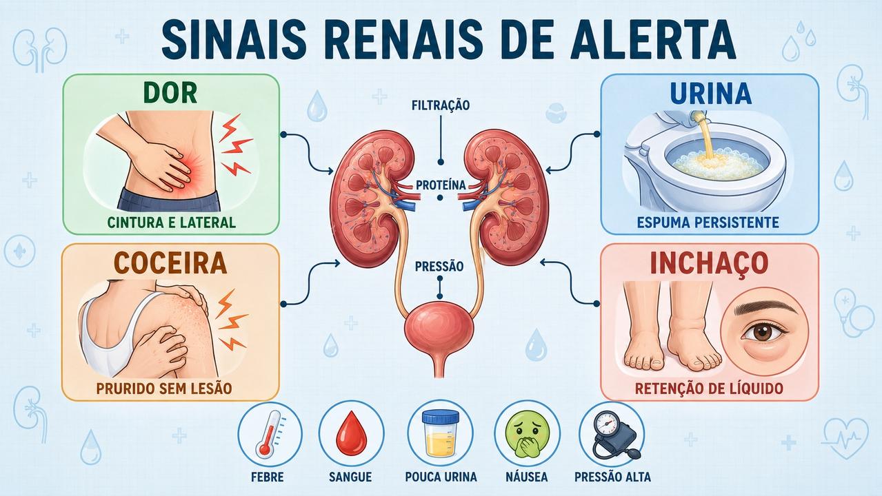 Infográfico reúne sinais renais importantes como dor, espuma urinária, coceira e inchaço.
