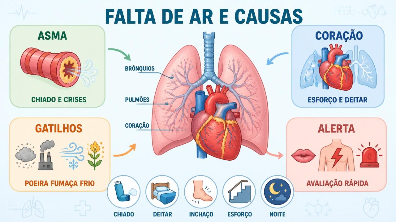 Infográfico resume sinais, gatilhos e alertas da falta de ar.