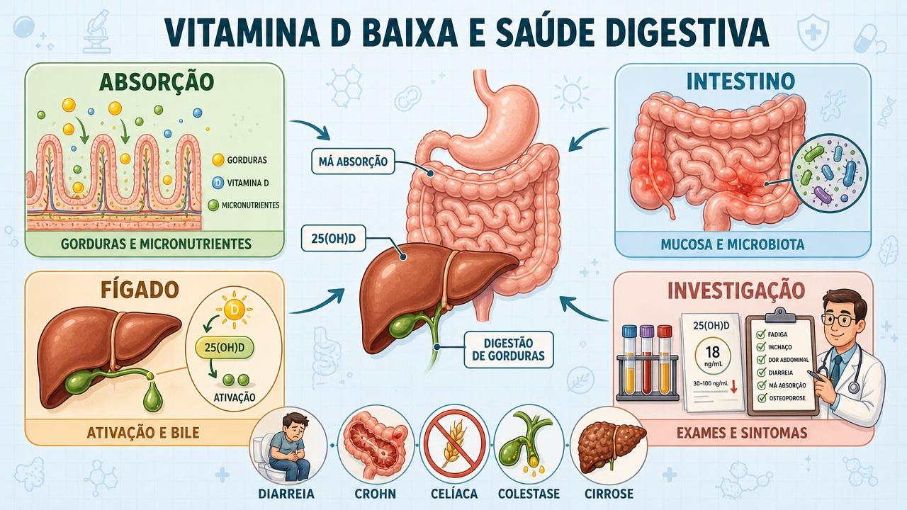 Absorção, intestino, fígado e investigação explicam quedas persistentes da vitamina D.