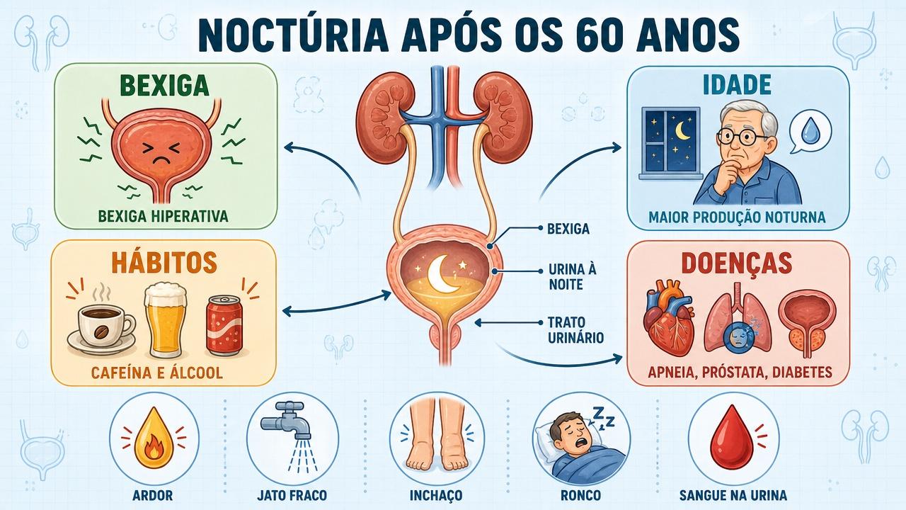 Infográfico resume causas e sinais da noctúria em adultos mais velhos.
