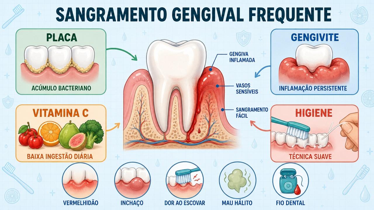 Placa, gengivite, vitamina C e higiene explicam o sangramento gengival.