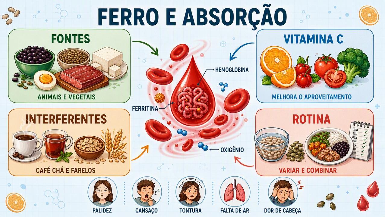 Fontes, vitamina C, interferentes e rotina ajudam na absorção do ferro.