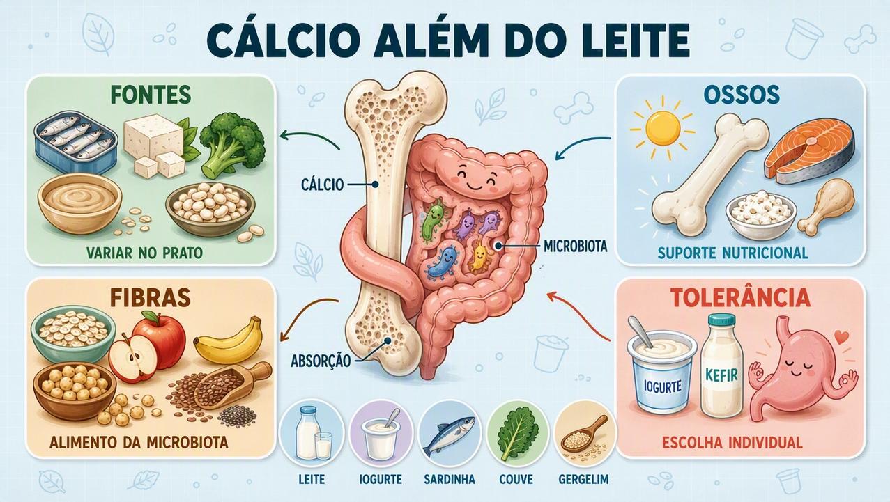 Infográfico resume fontes, ossos, fibras e tolerância no consumo de cálcio.