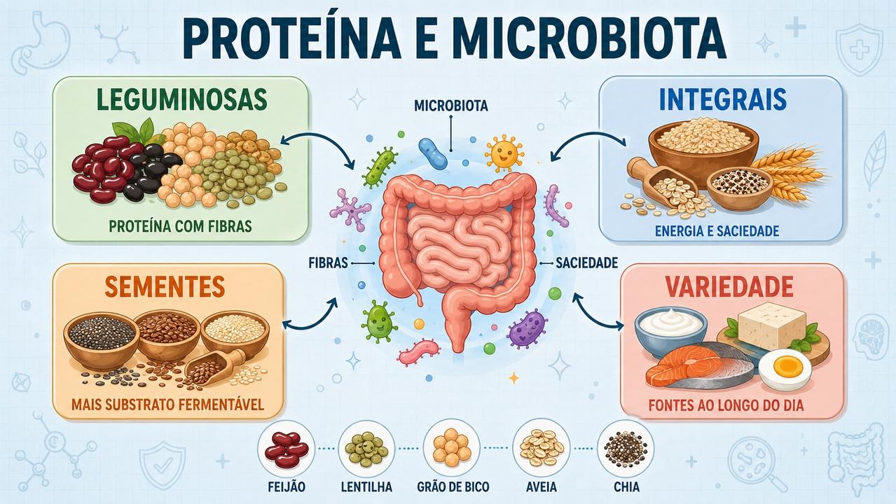Leguminosas, integrais, sementes e variedade proteica sustentam melhor saúde intestinal.