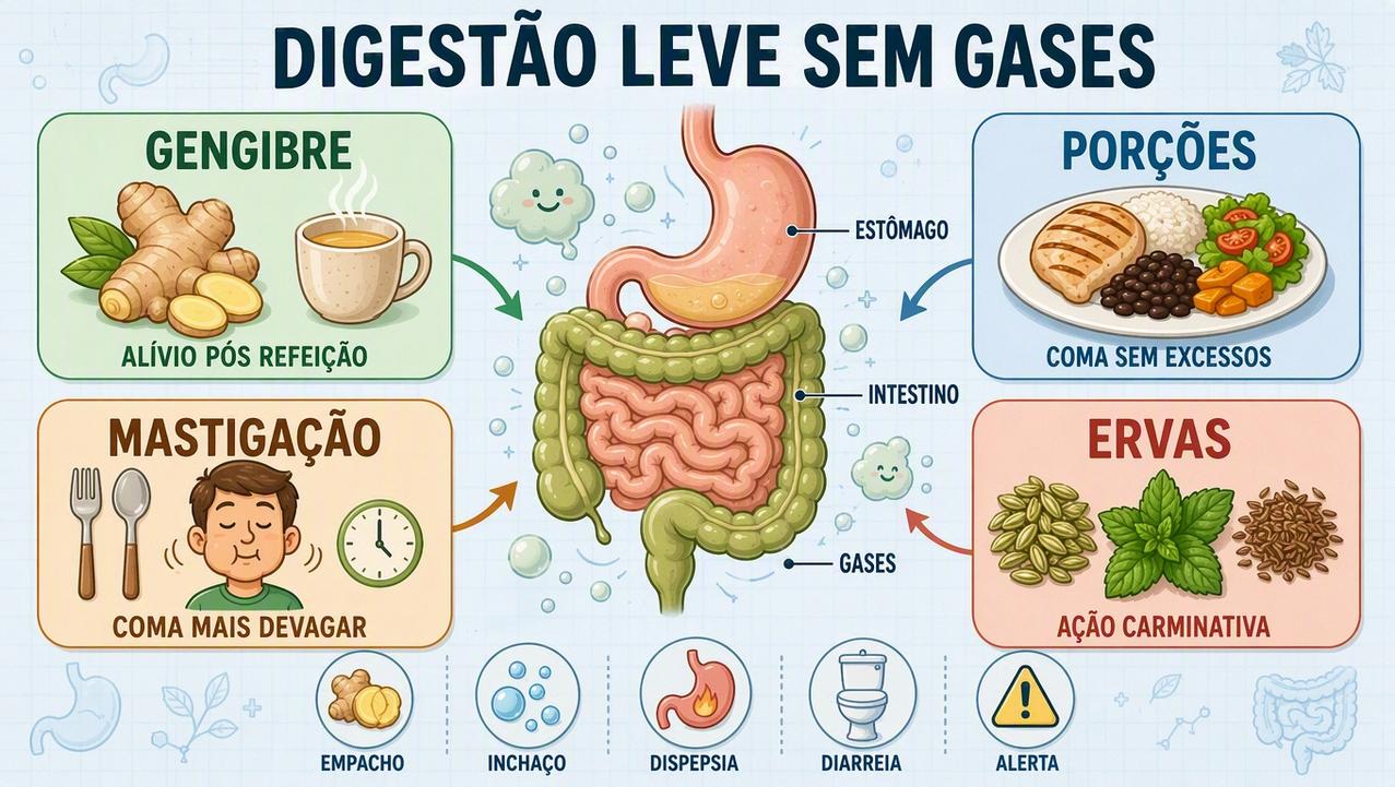Infográfico resume gengibre, porções, mastigação e ervas contra gases e inchaço.