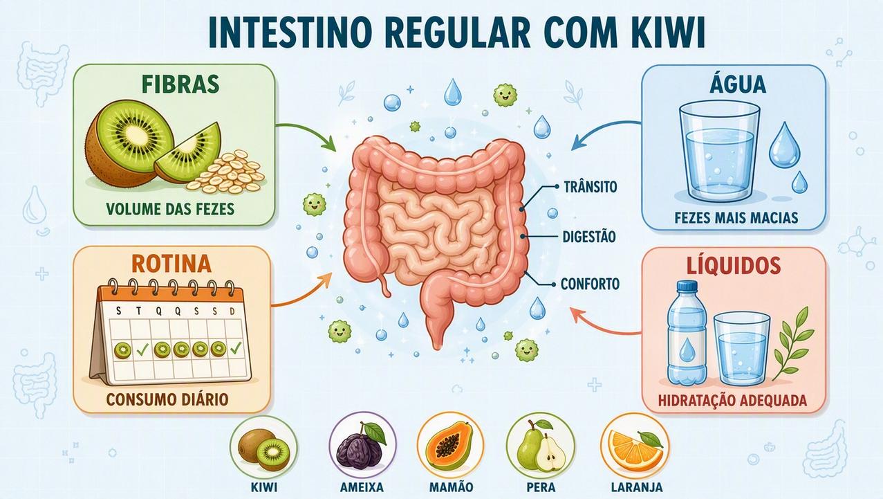 Infográfico mostra os pilares alimentares que favorecem o intestino regular naturalmente.