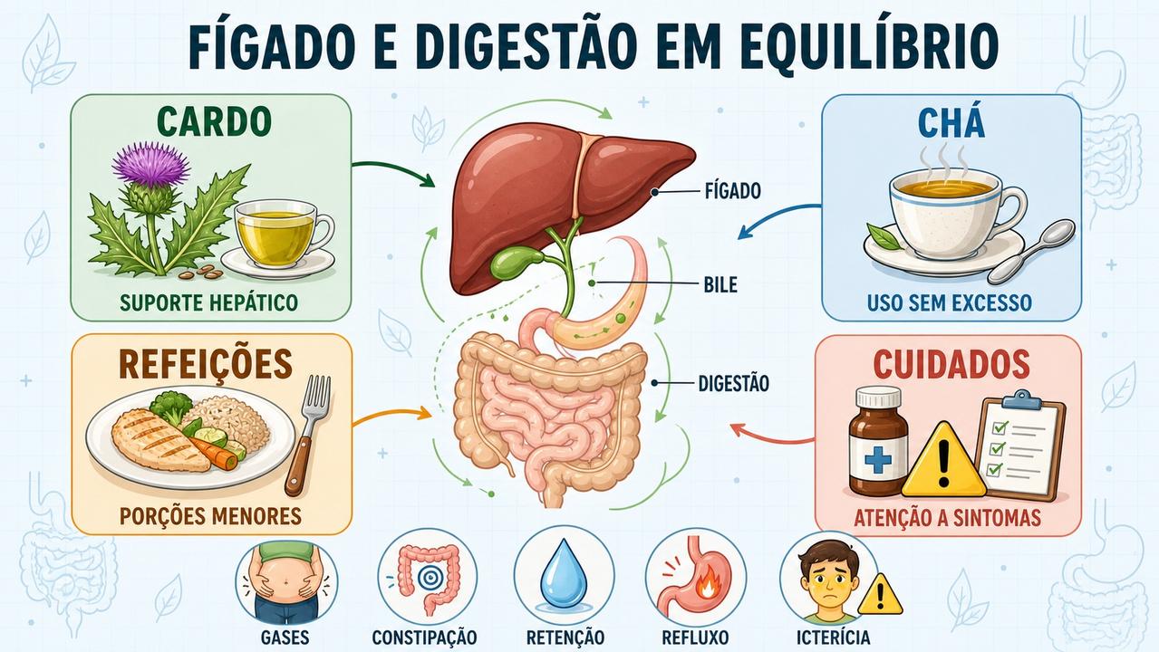 Infográfico resume cardo-mariano, preparo, alimentação e sinais de alerta digestivos.