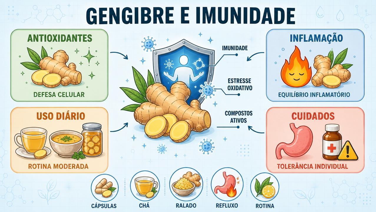 Antioxidantes, equilíbrio inflamatório, uso diário e cuidados resumem os pilares do gengibre.