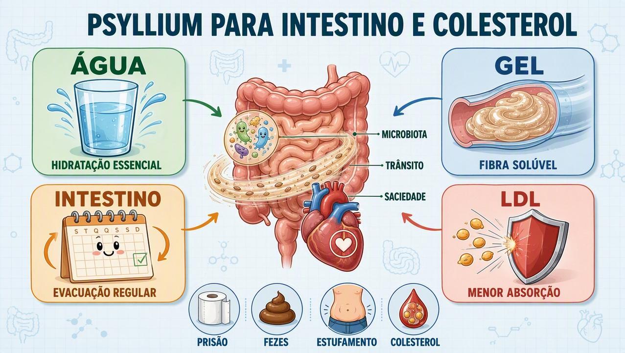 Infográfico mostra hidratação, fibra viscosa, regularidade intestinal e apoio ao LDL.