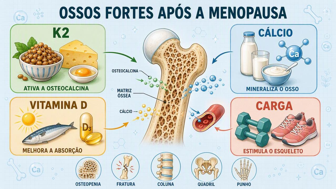 K2, cálcio, vitamina D e treino com carga sustentam a saúde óssea.