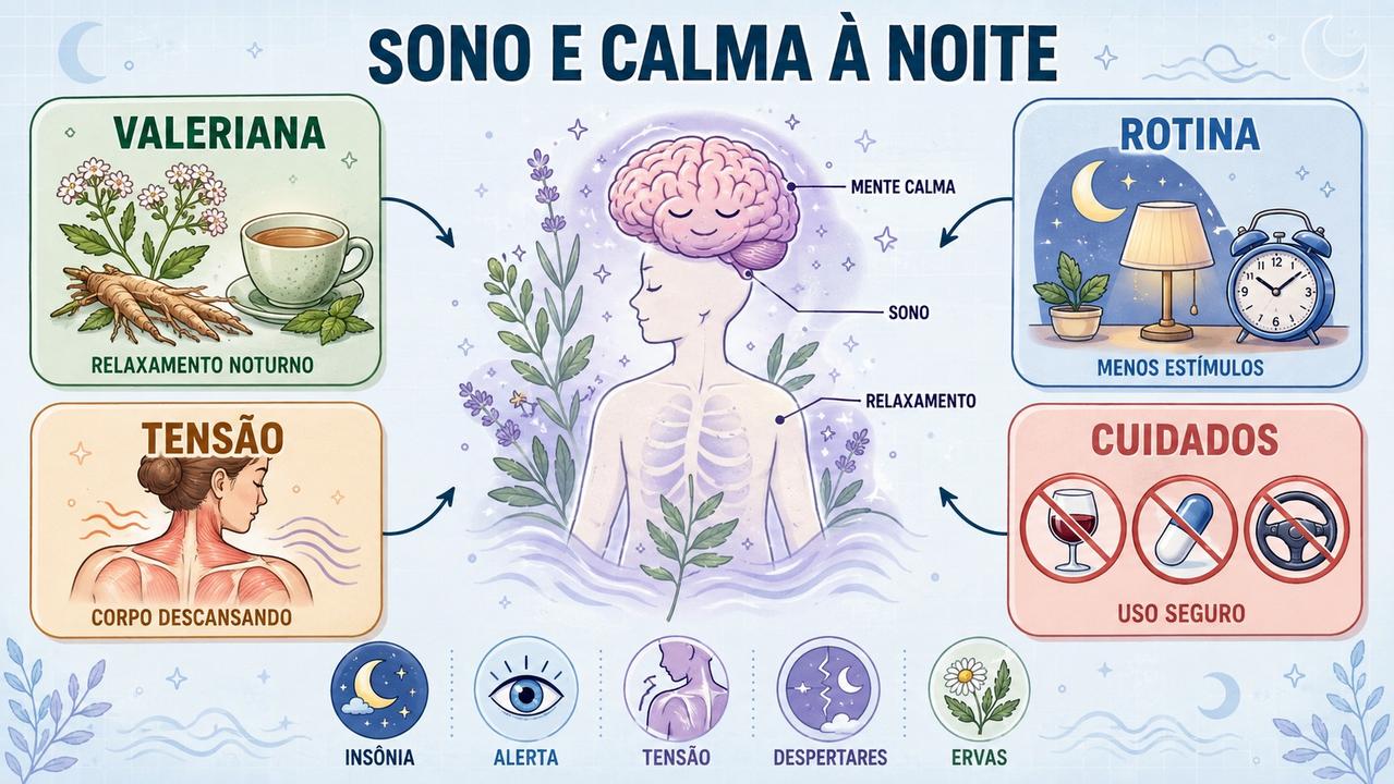Valeriana, rotina noturna, alívio da tensão e cuidados orientam um sono melhor.