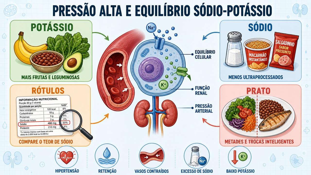 Quatro pilares para equilibrar sódio, potássio e pressão arterial no dia a dia.