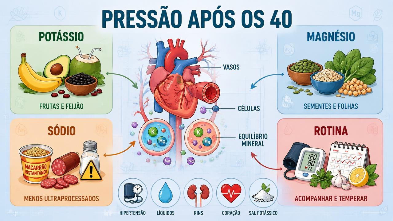 Infográfico mostra sódio, potássio, magnésio e rotina no equilíbrio da pressão.