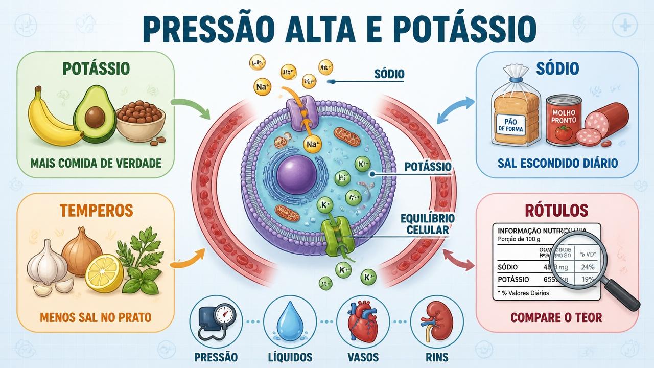 Quatro pilares para controlar a pressão com menos sódio e mais potássio.