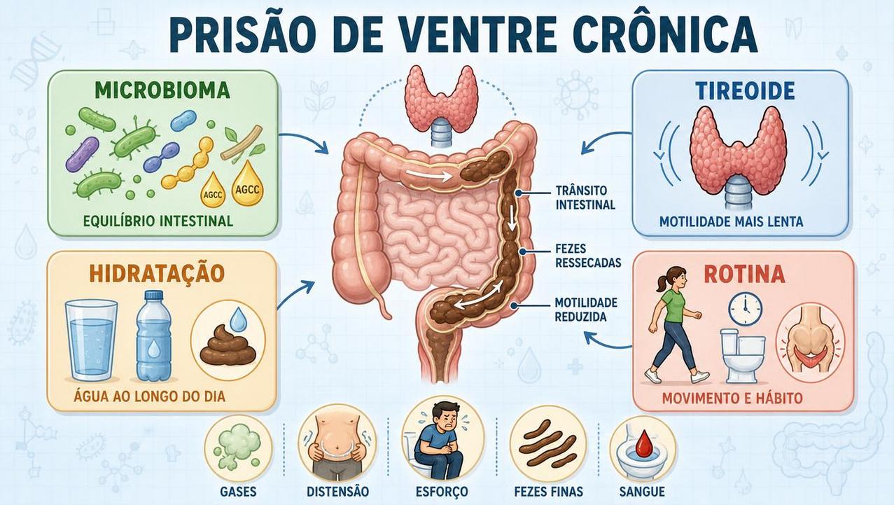 Microbioma, tireoide, hidratação e rotina formam os pilares do trânsito intestinal.
