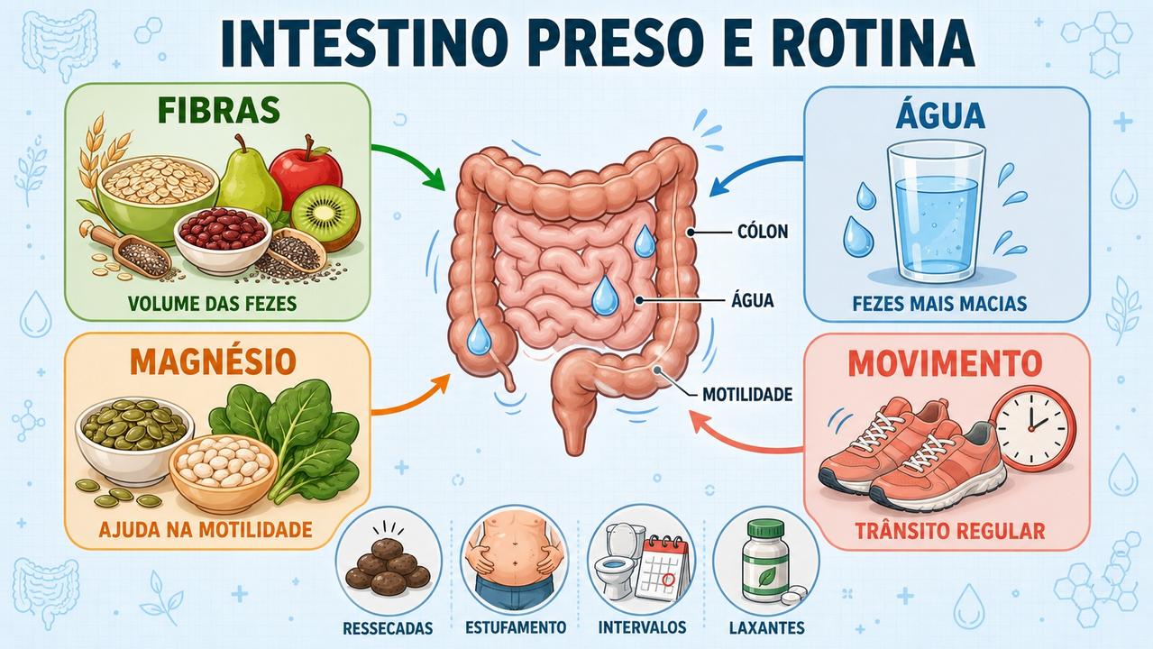 Fibras, água, magnésio e movimento formam os pilares do intestino regular.