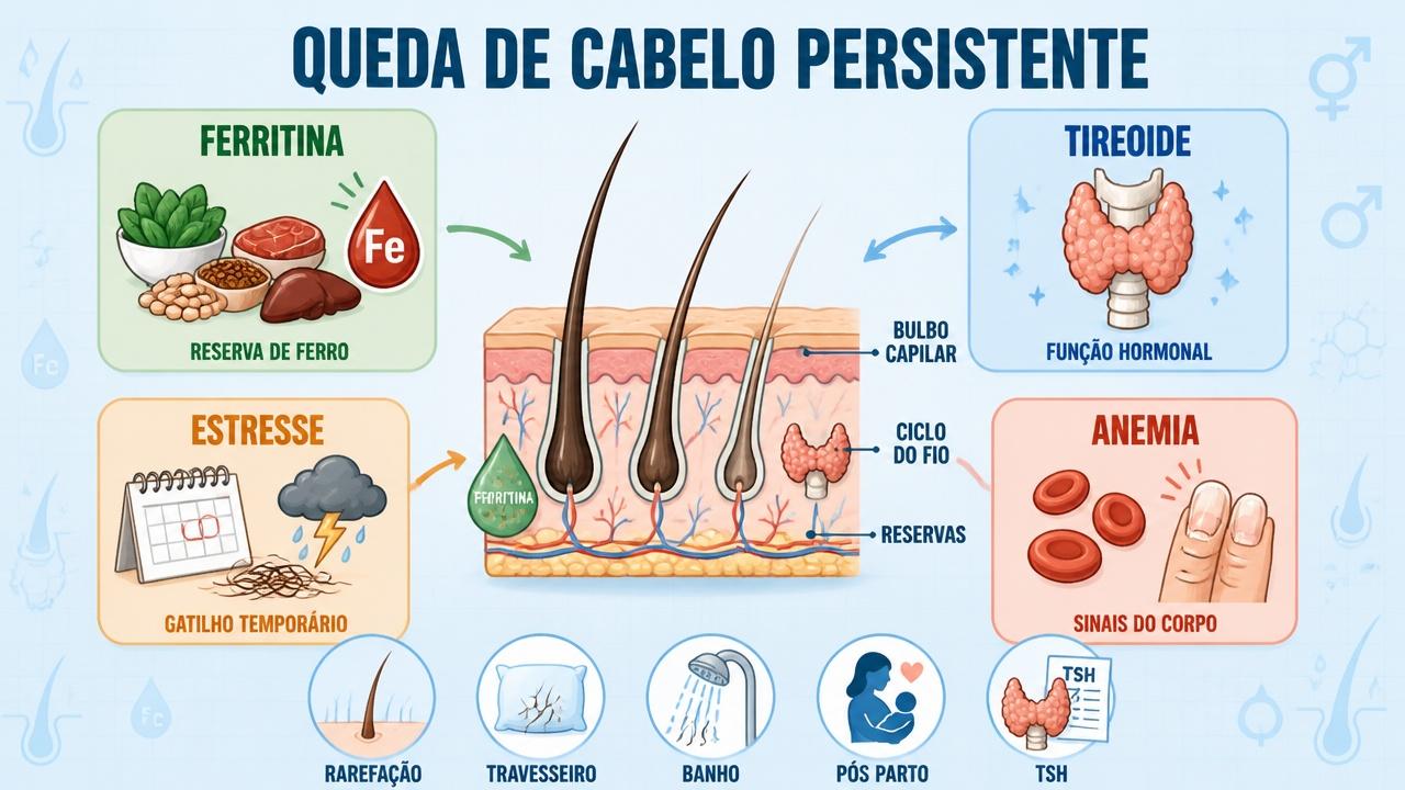 Ferritina, tireoide, estresse e anemia orientam a investigação da queda capilar.