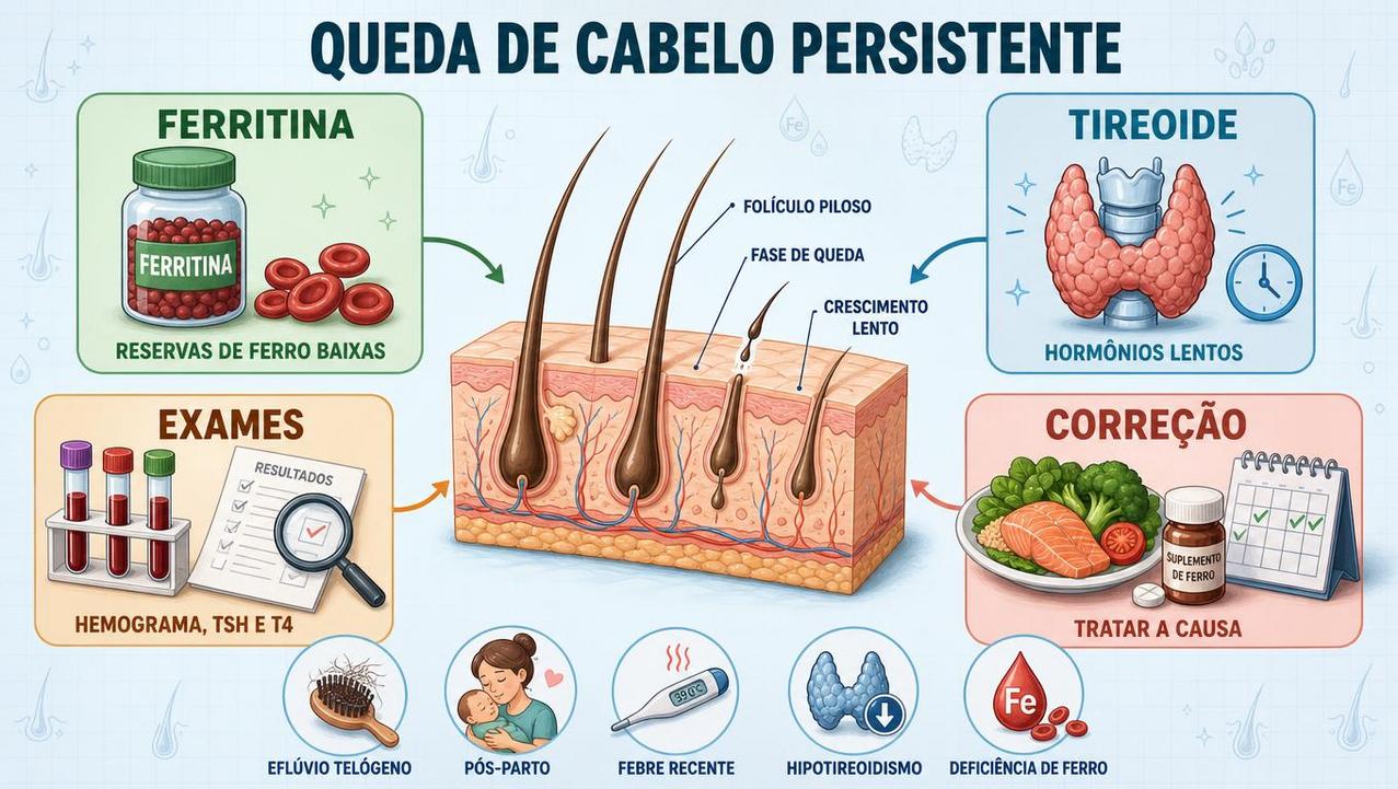 Ferritina, tireoide, exames e correção da causa orientam a investigação.