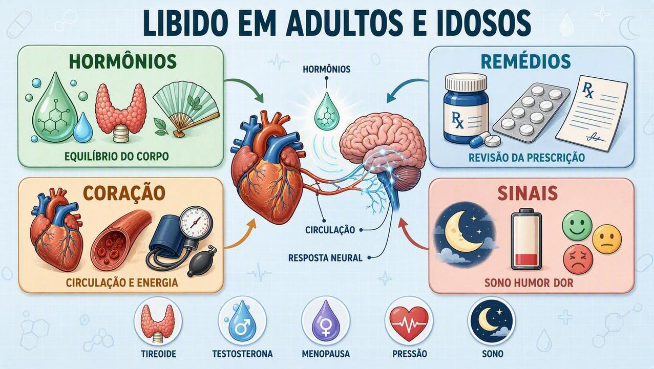 Infográfico resume hormônios, medicamentos, coração e sinais associados à libido baixa.