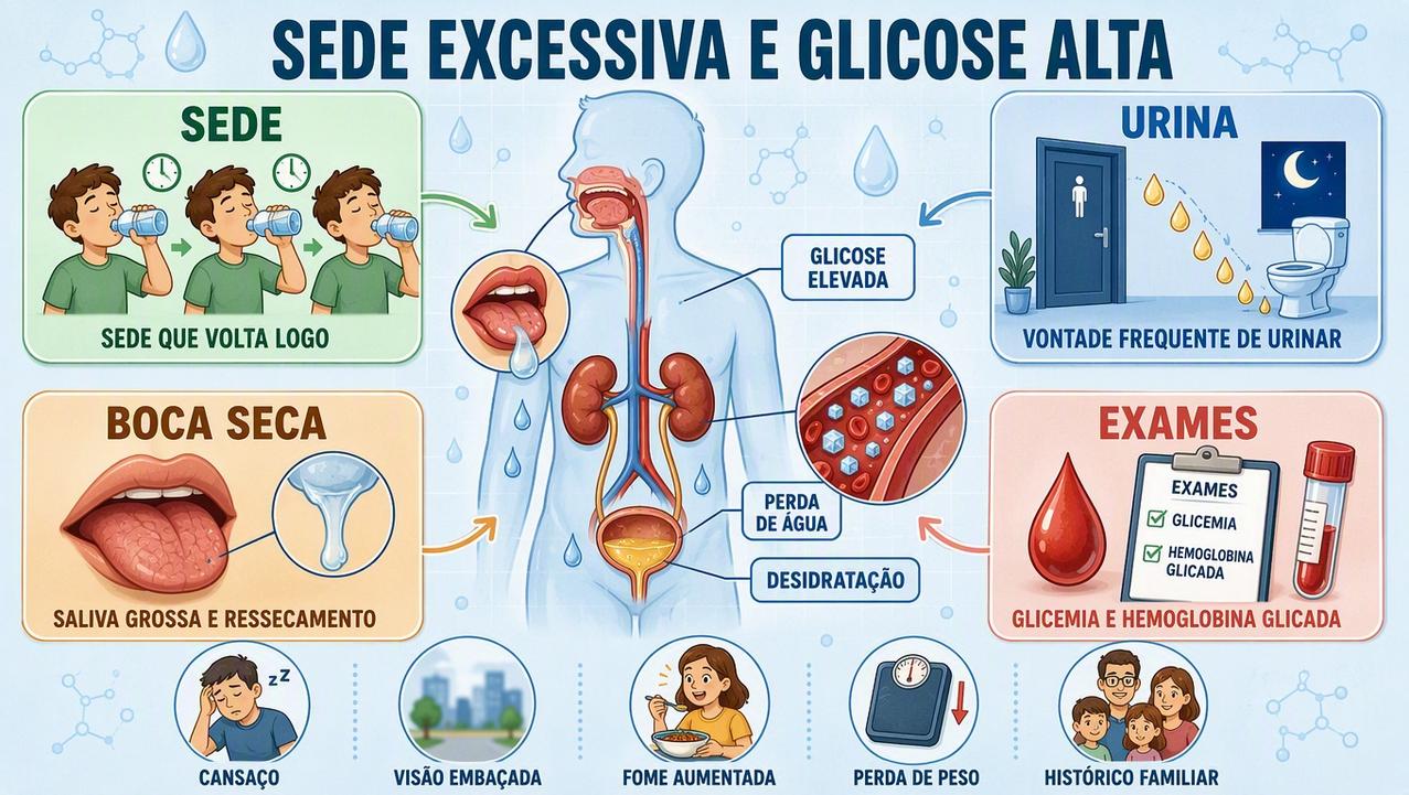 Infográfico mostra sinais, exames e efeitos da glicose alta no corpo.