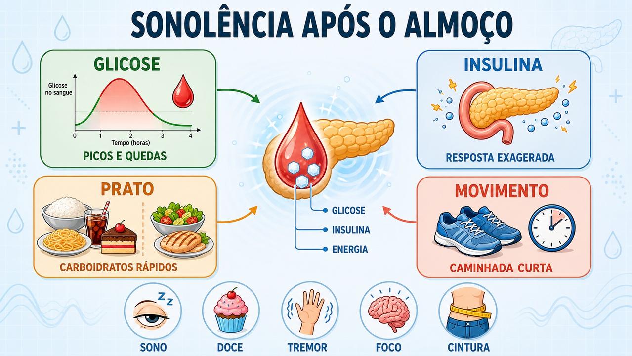 Infográfico mostra glicose, insulina, prato e movimento na sonolência pós-refeição.