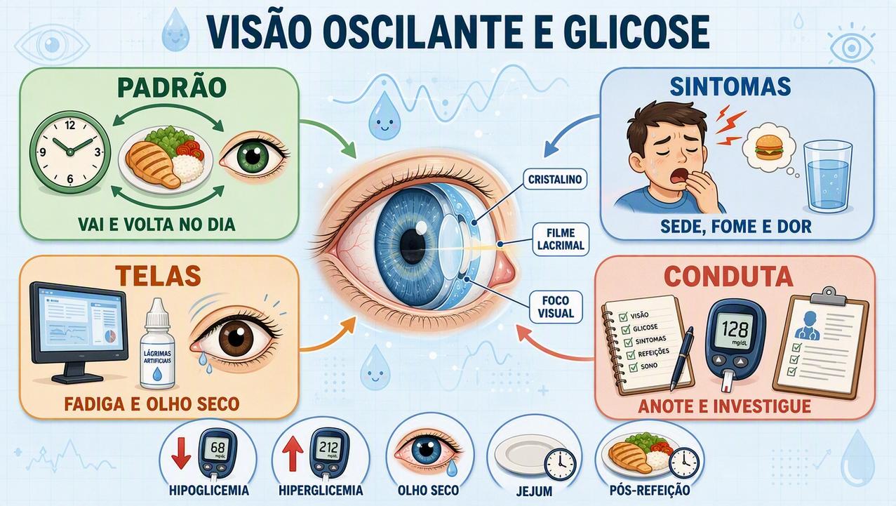 Infográfico resume padrão, sintomas, telas e condutas diante da visão oscilante.