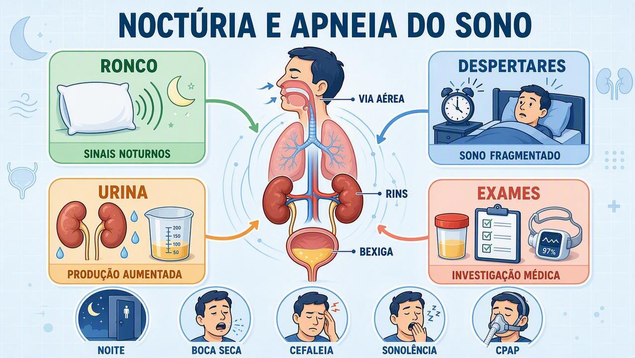 Ronco, despertares, produção urinária e exames orientam a investigação da noctúria.