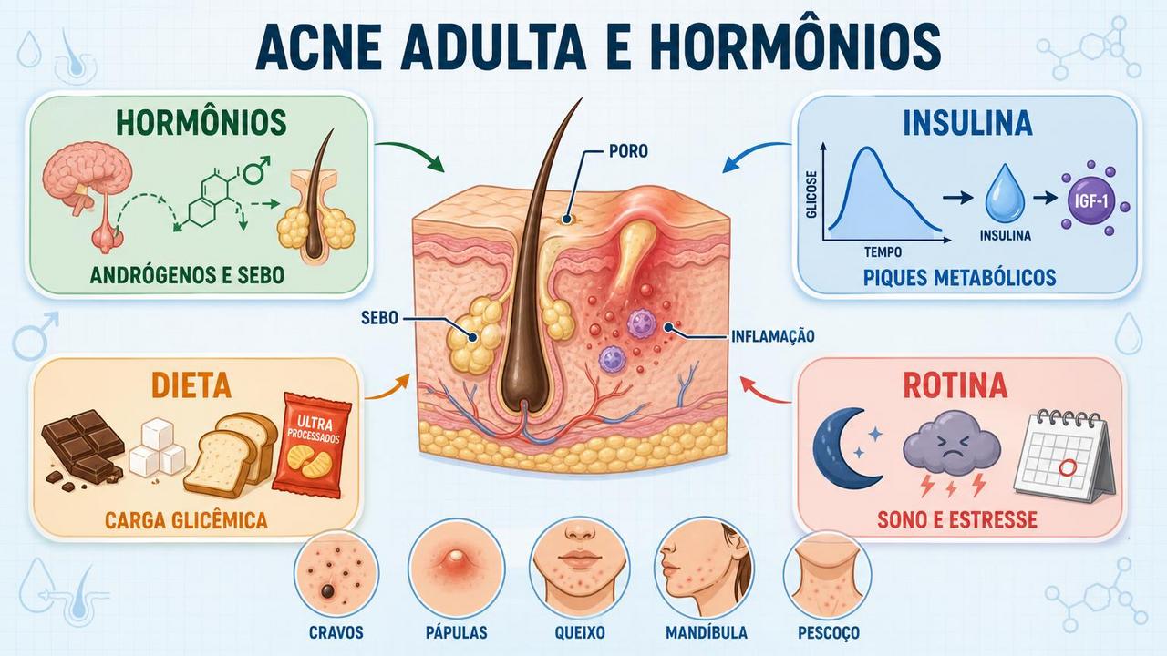 Hormônios, insulina, dieta e rotina influenciam a acne persistente na vida adulta.