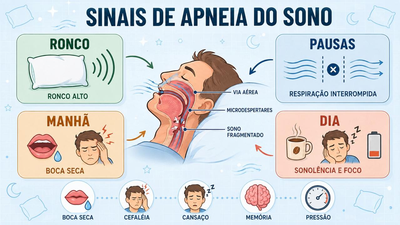 Ronco, pausas respiratórias, boca seca e sonolência formam pilares de alerta.