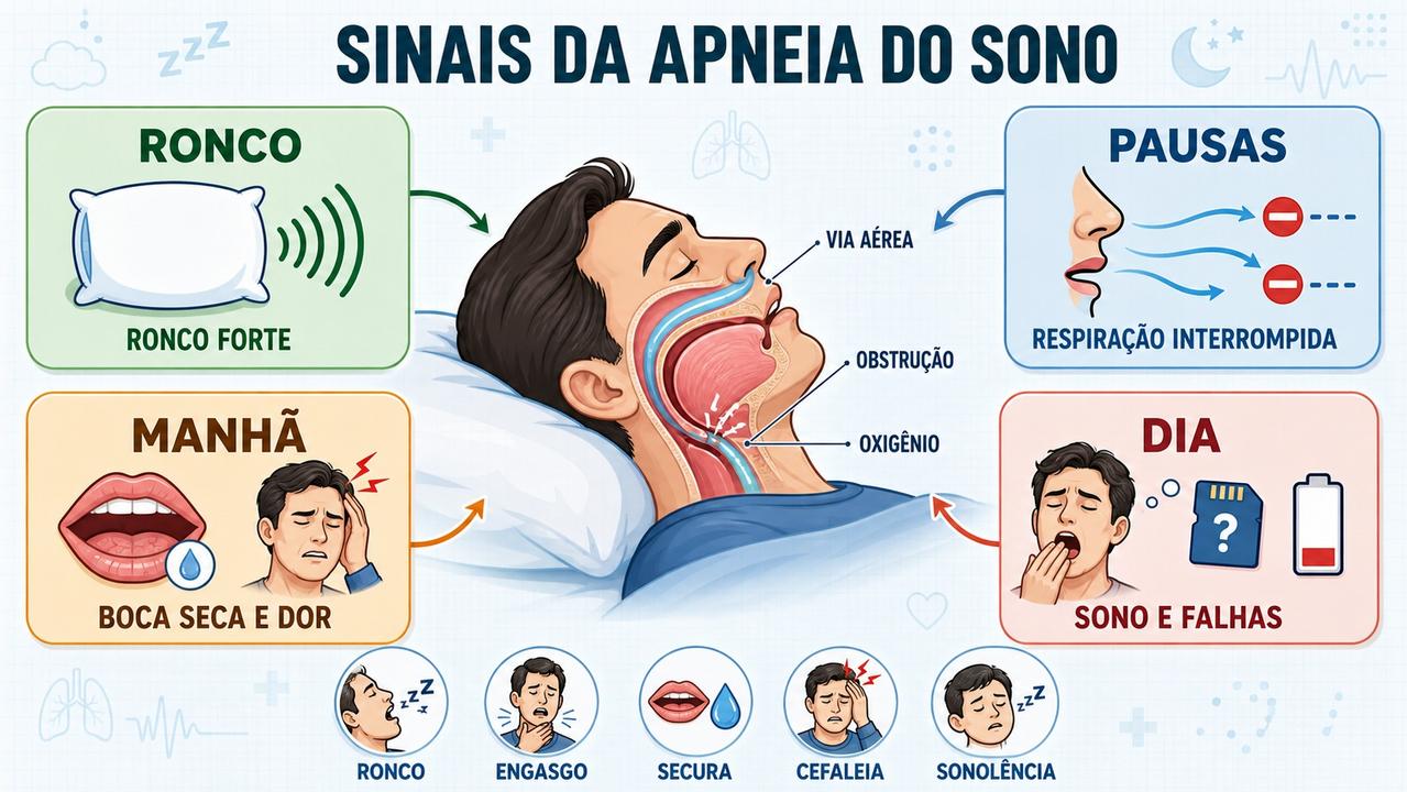 Ronco, pausas respiratórias e sonolência diurna formam o padrão típico da apneia.