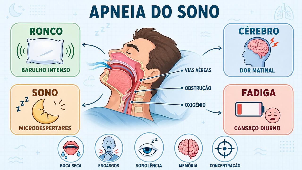 Infográfico resume sinais e efeitos comuns da apneia obstrutiva do sono.