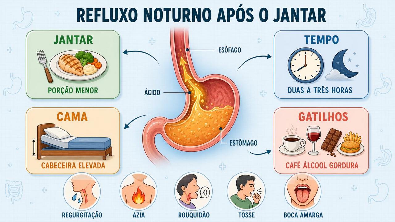 Jantar, tempo, cabeceira e gatilhos formam os pilares contra refluxo noturno.