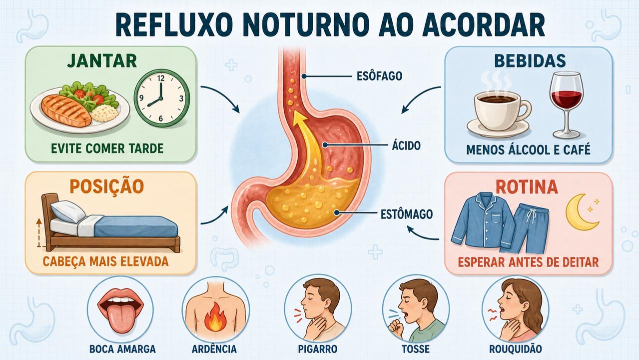 Jantar, bebidas, posição e rotina noturna influenciam os sintomas do refluxo.