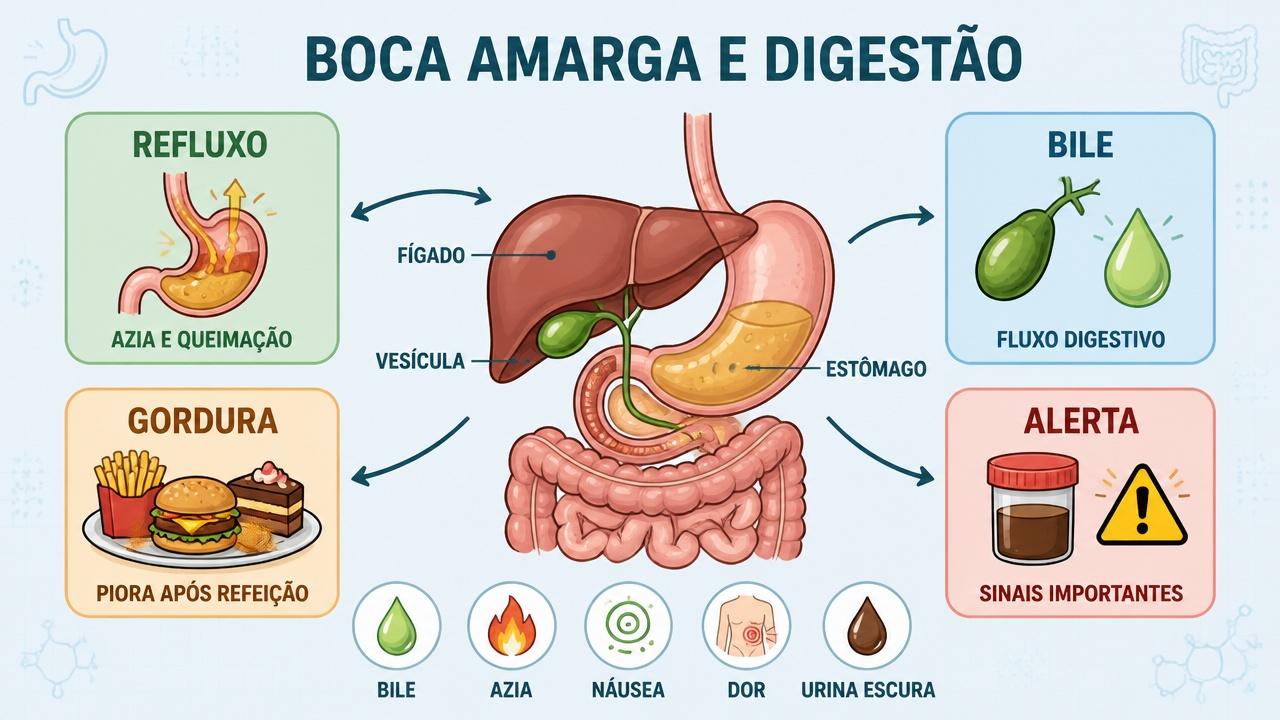 Infográfico resume refluxo, bile, gordura e sinais de alerta digestivos.