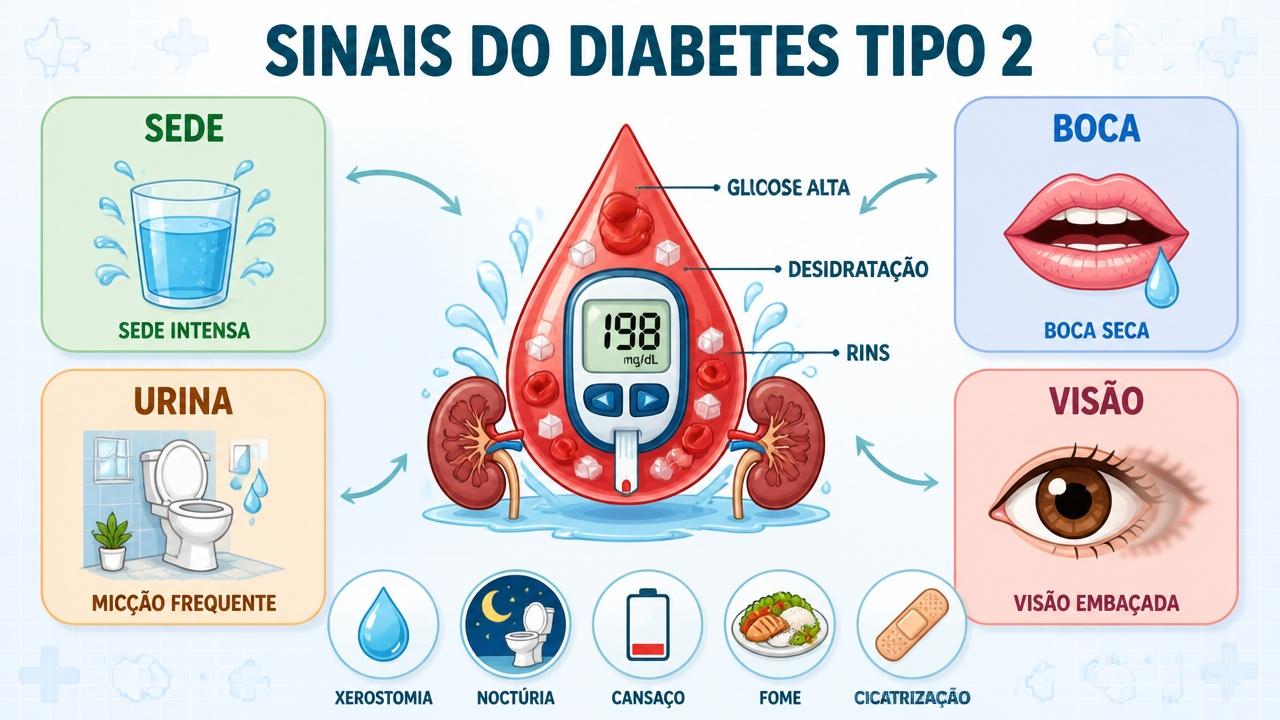 Infográfico resume sinais iniciais do diabetes tipo 2 ligados à desidratação.