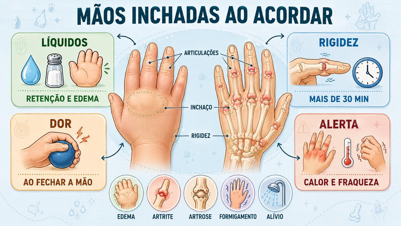 Infográfico resume líquidos, rigidez, dor e sinais de alerta nas mãos.