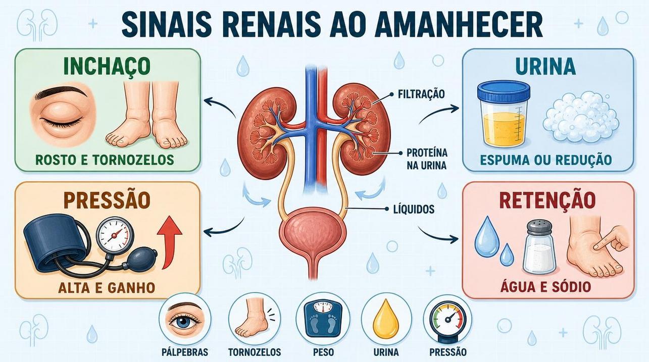 Infográfico resume sinais renais, retenção de líquido e sintomas que pedem investigação.