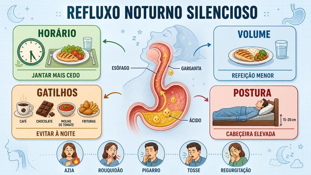 Horário, volume, gatilhos e postura ajudam a reduzir o refluxo noturno.