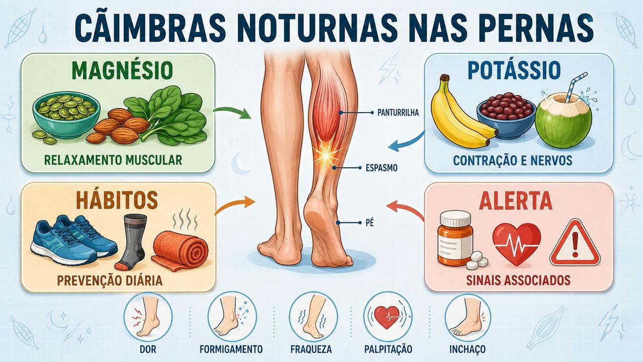 Magnésio, potássio, hábitos e sinais de alerta explicam câimbras noturnas.
