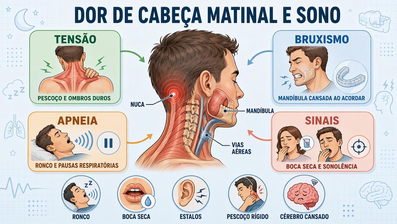 Infográfico resume tensão, bruxismo, apneia e sinais associados à cefaleia matinal.