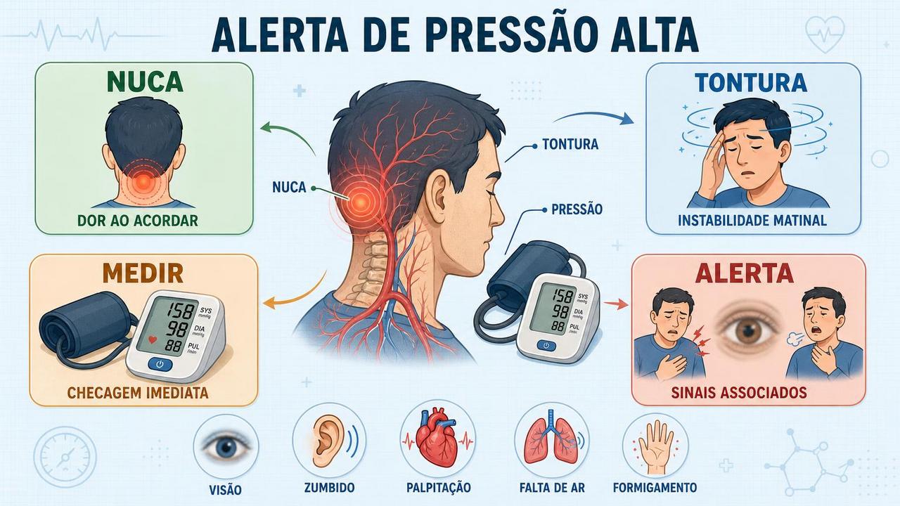 Infográfico resume sintomas de alerta e cuidados diante da pressão alta.