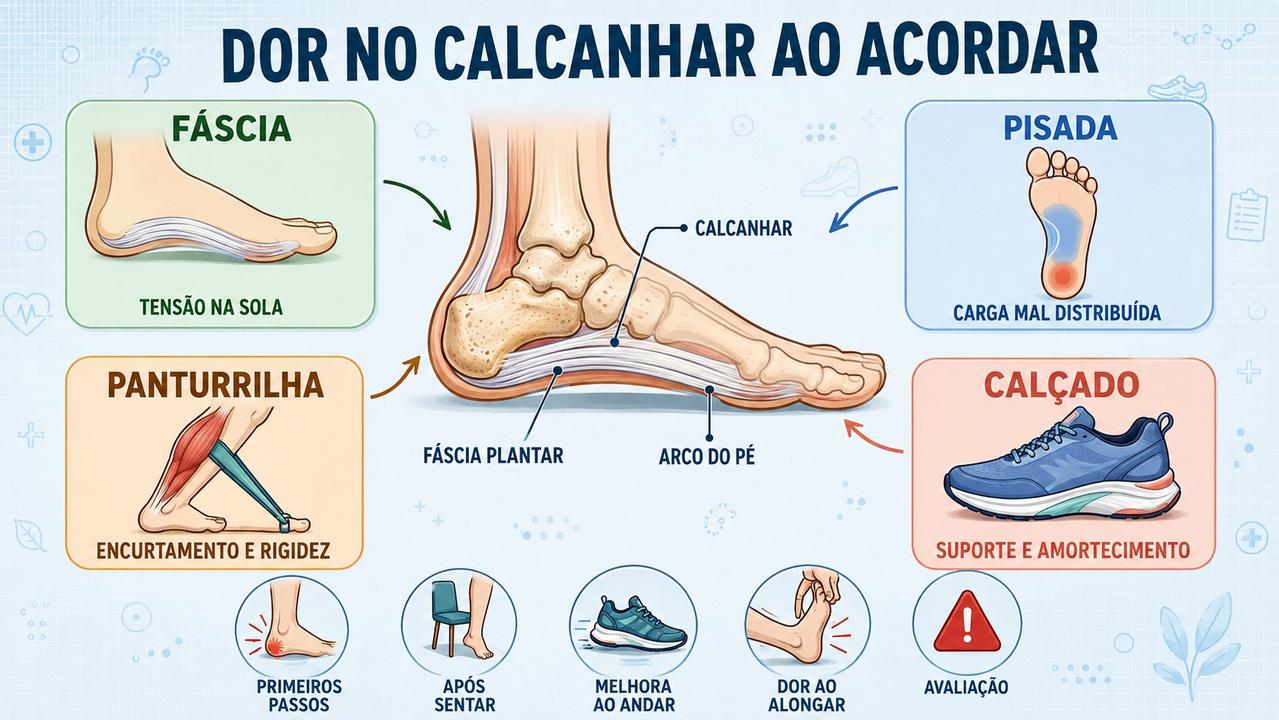 Fáscia, pisada, panturrilha e calçado explicam a dor matinal no calcanhar.