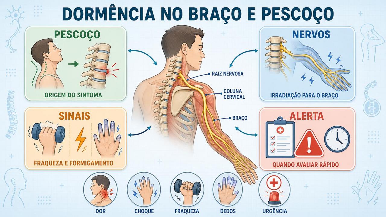 Pescoço, nervos, sinais e alertas ajudam a diferenciar dormência e radiculopatia.
