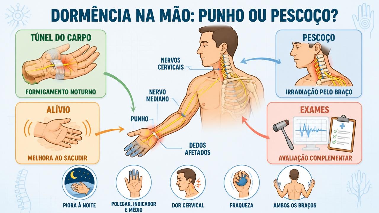 Infográfico compara sinais do túnel do carpo e da origem cervical.