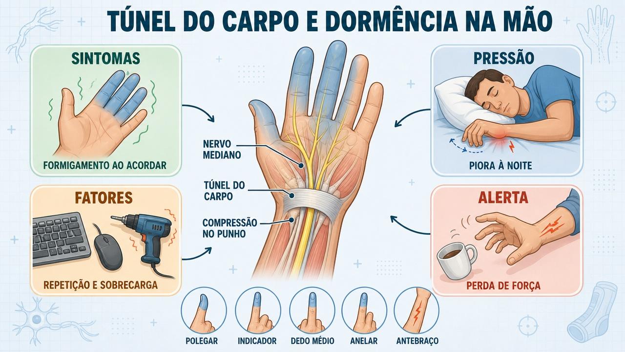 Sintomas, pressão noturna, fatores de risco e alertas do túnel do carpo.