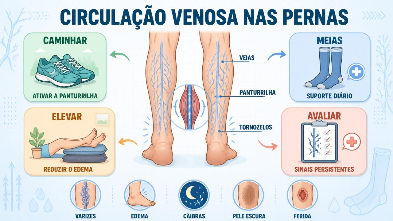 Caminhar, meias, elevação e avaliação clínica ajudam a aliviar sintomas venosos.