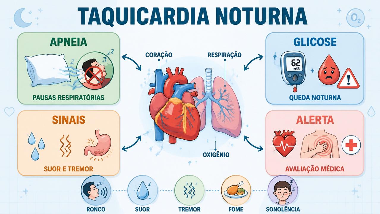 Infográfico resume apneia, glicose baixa, sinais associados e alertas médicos.
