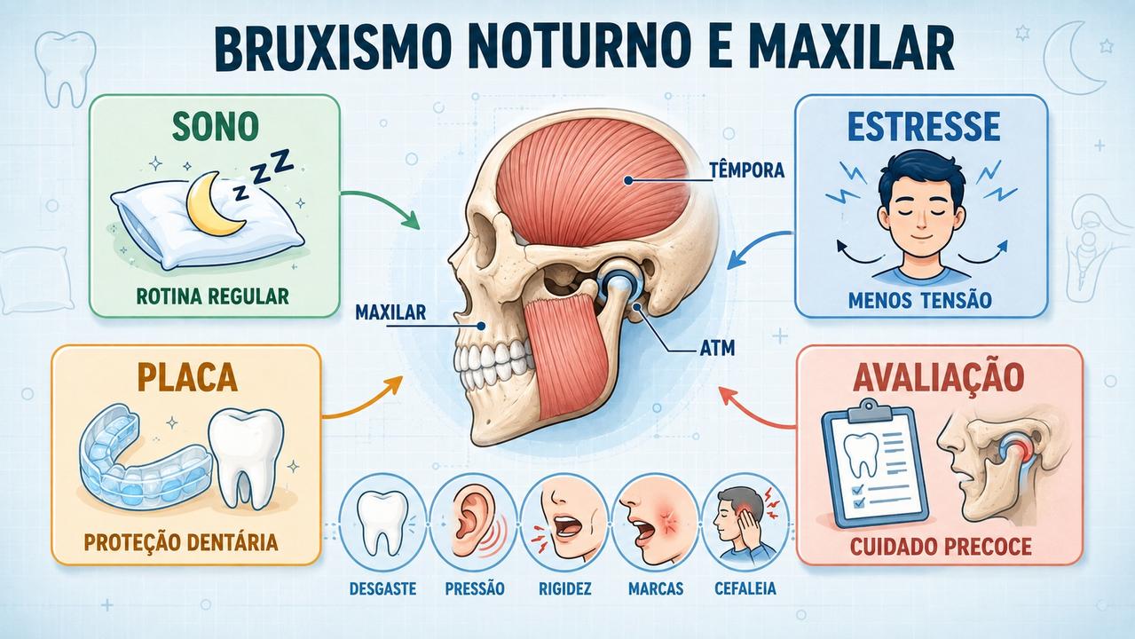 Sono, estresse, placa e avaliação ajudam a controlar o bruxismo noturno.