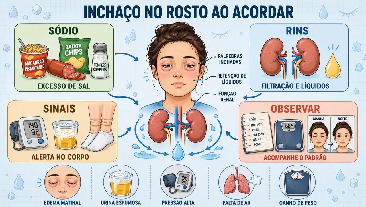 Infográfico resume sódio, função renal, sinais de alerta e observação em casa.